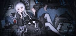 1girl :d animal black_cat black_dress cat couch cup dress drinking_glass english_text grey_eyes highres long_hair long_sleeves looking_at_viewer open_mouth original pantyhose sitting smile solo_focus very_long_hair white_hair xiaoyanggougou