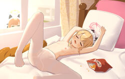 ._. 2girls :d absurdres animal_ear_headphones animal_ears arm_behind_back armpits arms_up bag_of_chips bed bedroom blonde_hair blue_archive blush cameltoe cat_ear_headphones cat_ears chinese_commentary chips_(food) closed_eyes collarbone crotch_seam curled_fingers curtains dot_nose fake_animal_ears feet flat_chest food food_on_face foot_out_of_frame foot_up green_eyes green_halo halo head_on_pillow head_tilt headphones highres indoors knee_up legs loli looking_at_viewer lying maid_headdress marshal_(artist) medium_hair midori_(blue_archive) midori_(maid)_(blue_archive) momoi_(blue_archive) momoi_(maid)_(blue_archive) multiple_girls navel nipples no_panties no_shoes no_tail on_back on_bed open_mouth paid_reward_available pantyhose peeking_out pillow pink_halo potato_chips print_curtains see-through_clothes see-through_legwear shadow sidelocks sleeping smile solo_focus spread_legs stomach toes topless_female variant_set white_headdress white_pantyhose window