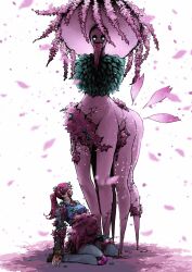 1girl absurdres alriune aqua_feathers blue_pants commentary death ecstasy_(e.g.o) employee_(project_moon) flower hat highres kneeling lobotomy_corporation long_hair looking_at_viewer monster nugget_(project_moon) open_mouth pants pink_flower pink_hair pink_hat ponytail project_moon simple_background white_background yatsumeunagi