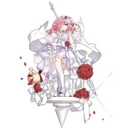 1girl azur_lane bare_shoulders bible_(object) dress finger_to_mouth flower full_body garter_straps gloves hairband high_heels highres holding holding_weapon looking_at_viewer manjuu_(azur_lane) official_alternate_costume official_art one_eye_closed pink_eyes pink_hair polearm priest rose saratoga_(azur_lane) saratoga_(ring_the_bell_of_joy)_(azur_lane) saru spear stiletto_heels thighhighs transparent_background weapon wedding_dress white_gloves white_thighhighs wings