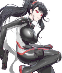 1girl absurdres black_bodysuit black_hair blue_archive bodysuit breasts gun high_ponytail highres holding holding_gun holding_weapon hyury large_breasts official_alternate_costume ponytail red_eyes rio_(blue_archive) rio_(bodysuit)_(blue_archive) solo weapon white_background
