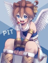 1boy ahoge ancient_greek_clothes androgynous angel angel_wings armlet belt between_legs bike_shorts_under_skirt blue_background blue_eyes blue_undershirt boots brown_boots brown_hair character_name collarbone feathered_wings fingerless_gloves fur-trimmed_footwear fur_trim gloves gold_armlet greco-roman_clothes hand_between_legs jewelry kid_icarus kid_icarus_uprising knees laurel_crown leaning_forward light_blush nintendo pit_(kid_icarus) red_trim short_hair sidelocks single_bare_shoulder sitting smile spiked_hair teeth upper_teeth_only waffuum white_wings wings