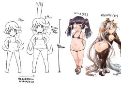 3girls age_comparison ass bikini black_hair blush breasts charlotta_(granblue_fantasy) commentary_request crown embarrassed eyepatch flat_chest full_body glasses granblue_fantasy grey_hair harvin height loli long_hair looking_at_viewer lunalu_(granblue_fantasy) micro_bikini multiple_girls navel sketch small_breasts smile swimsuit translation_request twintails very_long_hair zahlhamelina zanzi