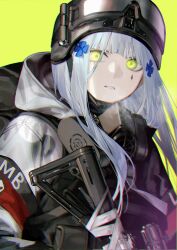 1girl assault_rifle blue_hair camouflage commentary corrupted_twitter_file english_commentary facial_mark girls&#039;_frontline glowing glowing_eyes green_background green_eyes gun hair_ornament helmet highres hk416_(fang)_(girls&#039;_frontline) hk416_(girls&#039;_frontline) hood hood_down hooded_jacket jacket long_hair looking_at_viewer mask mask_around_neck mik_blamike official_alternate_costume parted_lips respirator rifle simple_background snow_camouflage solo tactical_clothes tom_clancy&#039;s_the_division upper_body weapon white_jacket