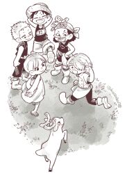 1girl 4boys :d aged_down bandana blush boots chef closed_eyes commentary_request curly_eyebrows dress facial_scar grass hair_over_one_eye hat lips long_nose medium_hair mitsubachi_koucha monkey_d._luffy monochrome multiple_boys nami_(one_piece) one_piece open_mouth overalls reindeer roronoa_zoro running sandals sanji_(one_piece) scar scar_on_cheek scar_on_face short_hair shorts simple_background skull_and_crossbones slingshot_(weapon) smile straw_hat tank_top tony_tony_chopper usopp white_background