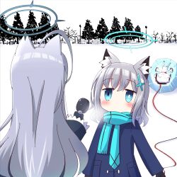 1boy 2girls ahoge animal_ear_fluff animal_ears blue_archive blue_eyes blue_jacket blue_scarf bright_pupils cross_hair_ornament doodle_sensei_(blue_archive) frozen grey_hair hair_ornament hand_up highres holding holding_leash holding_microphone ice jacket leash long_hair long_sleeves looking_at_another microphone mismatched_pupils multiple_girls na!_(na&#039;mr) no_mouth scarf sensei_(blue_archive) shiroko_(blue_archive) shiroko_terror_(blue_archive) textless_version white_pupils wolf_ears