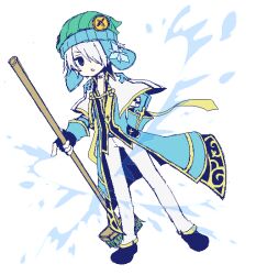 1boy arch_bishop_(ragnarok_online) beanie black_gloves black_shirt black_shoes blue_coat blue_eyes broom capelet coat commentary_request doroidsan fingerless_gloves full_body gloves gold_trim green_hat hair_over_one_eye hat hat_flaps holding holding_broom looking_at_viewer male_focus official_alternate_costume open_clothes open_coat open_mouth pants push_broom ragnarok_online shirt shoes short_hair simple_background solo white_background white_capelet white_hair white_pants