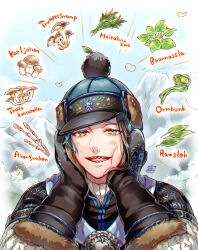 1boy beanie blue_hair brown_eyes doro_(sabarudoro) hands_on_own_face hat herb heterochromia jade_leech looking_at_viewer male_focus mittens mountain mushroom outdoors pom_pom_(clothes) pom_pom_beanie sharp_teeth short_hair solo teeth twisted_wonderland upper_body yellow_eyes