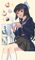 1girl absurdres black_hair blue_sailor_collar blue_serafuku blue_shirt blue_skirt blunt_sidelocks bow cake cherry choppy_bangs commentary_request commission cowboy_shot cup cupcake food fruit green_eyes hair_bow half_updo highres holding holding_cup ito_yoshi kneehighs long_hair long_sleeves looking_at_viewer neckerchief open_mouth original pleated_skirt sailor_collar school_uniform serafuku shirt sidelocks simple_background sitting skeb_commission skirt smile socks solo star_(symbol) steam steaming_cup straight_hair strawberry teacup teeth thighhighs upper_teeth_only white_bow white_neckerchief white_socks yellow_background zettai_ryouiki