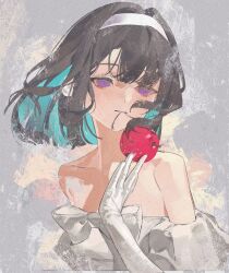 Rule 34 | 1girl, abstract background, absurdres, alien stage, apple, aqua hair, bare shoulders, black hair, chenyuyu, collarbone, colored inner hair, dress, earrings, elbow gloves, food, fruit, gloves, hairband, highres, holding, holding food, holding fruit, jewelry, looking at viewer, multicolored hair, purple eyes, short hair, solo, strapless, strapless dress, sua (alien stage), tube dress, two-tone hair, upper body, white dress, white gloves, white hairband