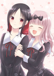 2girls arm_hug black_bow black_dress black_hair blunt_bangs bow closed_eyes closed_mouth commentary_request dress floral_background fujiwara_chika hair_bow hair_ribbon kaguya-sama_wa_kokurasetai_~tensai-tachi_no_renai_zunousen~ long_hair looking_at_viewer maekawa_suu multiple_girls neck_ribbon open_mouth pink_background pink_hair red_eyes red_ribbon ribbon school_uniform shinomiya_kaguya shuuchiin_academy_school_uniform sidelocks smile winter_uniform