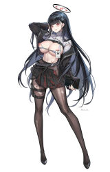 1991_(blz) 1girl alternate_costume arm_behind_head arm_up artist_name bikini black_hair black_halo black_pantyhose black_skirt blue_archive blush breasts cleavage commentary_request full_body hair_ornament hairpin halo high_heels highres holding holding_tablet_pc holster large_breasts long_hair looking_at_viewer navel nipple_piercing nipples pantyhose piercing pleated_skirt red_eyes rio_(blue_archive) simple_background skindentation skirt smile solo standing swimsuit tablet_pc thigh_holster torn_bikini torn_clothes torn_pantyhose very_long_hair white_background