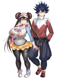 1boy 1girl bag black_pantyhose blue_eyes blue_hair blush breasts brown_hair cameltoe covered_erect_nipples creatures_(company) curvy double_bun full_body game_freak hair_bun handbag height_difference huge_breasts hugh_(pokemon) kawahagitei long_hair looking_at_another looking_away nintendo open_mouth pantyhose pantyhose_under_shorts pokemon pokemon_bw2 raglan_sleeves red_eyes rosa_(pokemon) see-through_clothes shoes short_shorts shorts simple_background sneakers spiked_hair standing thick_thighs thighs twintails very_long_hair visor_cap white_background wide_hips yellow_shorts