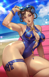 Rule 34 | 1girl, adjusting eyewear, beach, beach chair, blue one-piece swimsuit, bracelet, braid, braided hair rings, breasts, capcom, chun-li, cleavage, double bun, eyewear on head, flower, hair bun, hair flower, hair ornament, hair rings, highleg, highleg one-piece swimsuit, highres, jewelry, official alternate costume, official alternate hairstyle, one-piece swimsuit, rim jims, solo, street fighter, street fighter 6, sunglasses, swimsuit