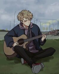 Rule 34 | 1boy, animification, black pants, blonde hair, blue eyes, clint oriel, commentary, english commentary, grass, guitar, highres, holding, holding guitar, holding instrument, hood, hood down, hoodie, indian style, instrument, male focus, minecraft youtube, outdoors, pants, purple hoodie, real life, red shoes, shoes, short hair, sitting, sneakers, solo, sweat, tommyinnit