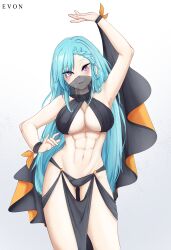 1girl abs absurdres akeno(itsnafulol) akihitoevon arabian_clothes armpits arms_up belly_dancer bikini blue_hair blush breasts cleavage cross-laced_bikini cross-laced_clothes dancer evonakihito face_mask hair_between_eyes hair_over_one_eye highres large_breasts looking_at_viewer mask muscular muscular_female pink_eyes see-through_clothes see-through_mask smile solo swimsuit thick_thighs thighs underboob veil wide_hips