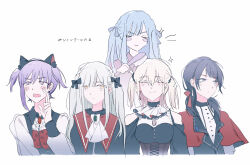 5girls alternate_hairstyle amoris_(bang_dream!) animal_ears ascot ave_mujica_(bang_dream!) bang_dream! bang_dream!_it&#039;s_mygo!!!!! black_dress black_hair black_ribbon blue_hair blush braid brown_corset brushing_another&#039;s_hair brushing_hair capelet cat_ears closed_eyes closed_mouth clothing_cutout commentary corset doloris_(bang_dream!) dress earrings fake_animal_ears hair_between_eyes hair_ornament hair_ribbon hairclip highres jewelry long_sleeves misumi_uika mortis_(bang_dream!) multiple_girls open_mouth pink_eyes purple_hair red_capelet reiboubyou ribbon short_hair shoulder_cutout sidelocks simple_background timoris_(bang_dream!) togawa_sakiko two_side_up wakaba_mutsumi white_ascot white_background yahata_umiri yellow_eyes yuutenji_nyamu