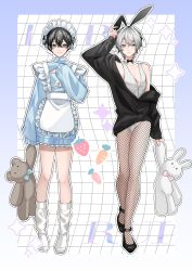 2boys animal_ears apron bare_shoulders bishounen black_hair black_jacket black_shoes blue_border blue_eyes border collarbone crossdressing fake_animal_ears fishnets full_body grid_background hair_between_eyes highres holding jacket leg_warmers legs long_sleeves looking_at_viewer maid maid_apron maid_headdress male_focus male_maid male_playboy_bunny multiple_boys original outside_border pectorals shoes short_hair simple_background sleeves_past_wrists smile sosaku_25 standing stuffed_animal stuffed_rabbit stuffed_toy teddy_bear thighs vest white_eyes white_hair white_shoes white_vest