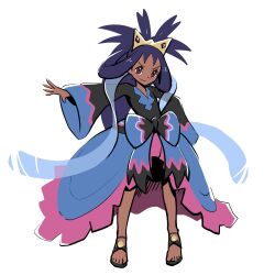 1girl alternate_color brown_eyes closed_mouth dark-skinned_female dark_skin dress ffccll full_body highres iris_(pokemon) long_hair long_sleeves looking_at_viewer nintendo pokemon pokemon_bw2 pokemon_masters_ex purple_hair sandals smile solo tiara white_background wide_sleeves