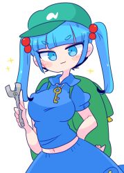 1girl backpack bag blue_eyes blue_footwear blue_hair blue_shirt blue_skirt collared_shirt frilled_shirt_collar frills green_headwear hair_bobbles hair_ornament hat highres kappa kawashiro_nitori key medium_hair midriff navel op_na_yarou puffy_short_sleeves puffy_sleeves shirt short_sleeves short_twintails sidelocks skirt skirt_set touhou twintails two_side_up wrench