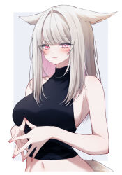 Rule 34 | 1girl, :3, absurdres, animal ears, black shirt, cat ears, cat girl, cat tail, facial mark, final fantasy, final fantasy xiv, highres, looking at viewer, miqo&#039;te, multicolored hair, navel, pink eyes, pink hair, sana (sanamaru 0w0), shirt, sleeveless, sleeveless shirt, slit pupils, smile, tail, two-tone hair, warrior of light (ff14), whisker markings, white background, white hair