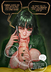 1boy 1girl adoohay black_hair blowing_kiss cum cum_on_body english_text facial fellatio fubuki_(one-punch_man) green_eyes highres large_penis one-punch_man oral penis saitama_(one-punch_man) short_hair