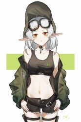 1girl :o absurdres alternate_costume bare_shoulders black_shorts black_tank_top blush breasts brown_hat commentary_request cowboy_shot crop_top dated forehead goggles goggles_on_head green_background green_jacket hat head_tilt highres jacket large_hat lineart medium_breasts medium_hair mushoku_tensei navel off_shoulder open_clothes open_jacket open_mouth parted_bangs pointy_ears pouch red_eyes revision second-party_source short_shorts shorts shoulder_blush simple_background skindentation solo stomach straight-on sylphiette_(mushoku_tensei) tank_top thigh_pouch thigh_strap thumb_in_pocket two-tone_background underbust white_background white_hair yisjhui