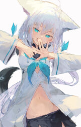 Rule 34 | 1girl, absurdres, ahoge, animal ear fluff, animal ears, aqua eyes, black shorts, blue neckerchief, braid, breasts, detached sleeves, ear piercing, earrings, fox ears, fox girl, fox shadow puppet, fox tail, front slit, groin, hair between eyes, highres, hololive, hood, hoodie, ichika (ichika87), jewelry, long hair, looking at viewer, midriff, navel, neckerchief, open mouth, pentagram, piercing, shirakami fubuki, shirakami fubuki (1st costume), short shorts, shorts, side braid, simple background, single braid, smile, solo, stomach, tail, virtual youtuber, white background, white hair, white hoodie, wide sleeves