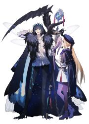 1boy 1girl absurdres artoria_caster_(fate) artoria_caster_(second_ascension)_(fate) artoria_pendragon_(fate) black_hair blonde_hair blue_eyes fate/grand_order fate_(series) full_body fur_trim hair_between_eyes hat highres long_hair ninjin_(ne_f_g_o) oberon_(fate) oberon_(third_ascension)_(fate) scythe short_hair simple_background staff_of_selection_(fate) standing