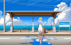 Rule 34 | 1girl, :d, absurdres, air (visual novel), alternate costume, angel, angel wings, arm at side, artist name, blonde hair, blue bow, blue eyes, blue hair, blue ribbon, blue sailor collar, blue sky, blush, bow, brown shoes, chinese commentary, cloud, commentary request, cumulonimbus cloud, day, different reflection, dress, dress bow, eyes visible through hair, feathered wings, fuchuangzi summerwind, hair between eyes, hair ribbon, hand up, highres, japanese clothes, kamio misuzu, kannabi no mikoto, kimono, loafers, long dress, long hair, looking at viewer, medium hair, official alternate hair length, official alternate hairstyle, open mouth, outdoors, pink kimono, pixel art, pleated dress, puddle, puffy short sleeves, puffy sleeves, reflection, reflective water, ribbon, rolling suitcase, sailor collar, sailor dress, shading eyes, shoes, short sleeves, sky, smile, socks, solo, spoilers, standing, straight hair, suitcase, utility pole, very long hair, white dress, white ribbon, white socks, white wings, wide shot, wings