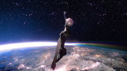 1girl absurdres arm_up bare_shoulders black_bodysuit black_gloves bodysuit earth_(planet) elbow_gloves fate/grand_order fate_(series) from_side gloves highres mash_kyrielight navel pink_hair planet reaching short_hair single_bare_foot single_bare_leg sleeveless sleeveless_bodysuit solo space star_(sky) stomach zadun