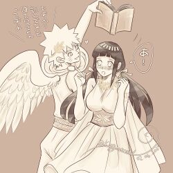 1boy 1girl :d :o angel_wings blush book breasts commentary_request dated dress facial_mark greyscale_with_colored_background heart highres holding holding_book hyuuga_hinata koguma_05 large_breasts long_hair looking_at_another naruto_(series) open_mouth short_hair sleeveless sleeveless_dress smile speech_bubble translation_request twintails twitter_username uzumaki_naruto whisker_markings wings
