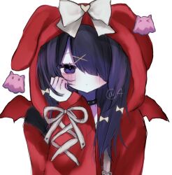 1girl 4_(nn_1_zo) ame-chan_(needy_girl_overdose) animal_hood black_choker black_eyes black_hair blush bow choker doodle_inset ghost hair_bow hair_ornament hair_over_one_eye hand_on_own_face highres hood hoodie lace-up_sleeves long_hair multiple_hair_bows needy_girl_overdose rabbit_hood red_hoodie solo upper_body white_background wings x_hair_ornament