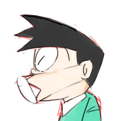 1boy black_hair closed_eyes doraemon from_side green_shirt honekawa_suneo mask mochizuki_tagosaku mouth_mask open_mouth shirt sketch white_background