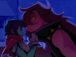 1girl 1other armlet black_jacket blue_hair blue_skin blush clothes_grab collar_grab colored_sclera colored_skin commentary deltarune furry furry_female hashtag-only_commentary highres jacket jewelry kris_(deltarune) long_hair neckwear_grab other_with_female pink_scarf purple_hair purple_skin red_eyes scarf short_hair sleeveless sleeveless_jacket spiked_armlet susie_(deltarune) yellow_sclera zuu_(zuuzie_oo)
