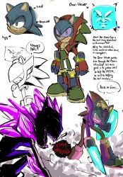 2boys ? angry armor black_sclera colored_sclera commentary crystal english_commentary english_text fighting gloves green_eyes half-closed_eyes highres im_lazy_sheck_lol looking_at_viewer mask multiple_boys omni-viewer_(stc) purple_eyes purple_teeth redesign serious shadow sharp_teeth shield sonic.exe sonic:_execution_(comic) sonic_(series) sonic_the_comic sonic_the_hedgehog sonic_the_hedgehog_(archie_comics) sword teeth weapon white_teeth worried xenophanes_(sonic.exe) zonic_the_zone_cop