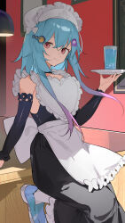 1boy absurdres alternate_costume apron arknights black_dress blue_hair blue_shoes closed_mouth cup dress highres holding holding_plate indoors long_hair looking_at_viewer maid maid_apron maid_headdress mizuki_(arknights) pink_eyes plate shoes smile solo teketi trap white_apron white_hair