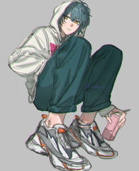 1boy absurdres aqua_hair closed_mouth coke_6 eyes_visible_through_hair full_body green_pants grey_shirt hair_over_eyes highres holding_juice_box hood hoodie looking_to_the_side mahoutsukai_no_yakusoku male_focus nero_turner pants shirt slippers solo white_hoodie white_slippers yellow_eyes