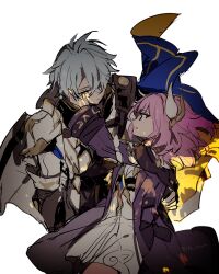 1boy 1girl blood blood_on_clothes blood_on_face blue_cape blue_eyes cape coat commentary_request cyrene_(honkai:_star_rail) dress gold_blood hand_on_another&#039;s_cheek hand_on_another&#039;s_face highres honkai:_star_rail honkai_(series) looking_at_another medium_hair phainon_(honkai:_star_rail) pink_hair purple_coat ra_suya short_hair simple_background twitter_username white_background white_coat white_dress white_hair