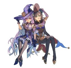 2girls absurdres bare_shoulders black_boots black_pantyhose blue_shoes boots brown_hair brown_hat brown_shorts closed_mouth commentary detached_sleeves dress elbow_gloves english_commentary frilled_dress frilled_gloves frills full_body genshin_impact gloves green_eyes hand_on_headwear hat high_heels highres invisible_chair keqing_(genshin_impact) kurattes long_hair looking_at_viewer mona_(genshin_impact) multiple_girls open_mouth pantyhose pink_eyes purple_dress purple_gloves purple_hair purple_hat purple_sleeves shoes short_hair shorts simple_background sitting sleeveless sleeveless_dress smile teeth thigh_boots upper_teeth_only white_background witch_hat