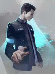 1boy android black_hair black_jacket cofffee coin connor_(detroit) detroit:_become_human jacket long_sleeves looking_down male_focus short_hair solo uniform very_short_hair