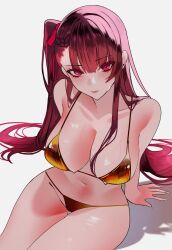 1girl arm_support bikini blush braid breasts cleavage closed_mouth collarbone commentary cowboy_shot girls&#039;_frontline gold_bikini grey_background hair_ribbon highres large_breasts long_hair looking_at_viewer navel one_side_up purple_hair red_eyes red_ribbon ribbon sanya_(sanya_lox228) shadow simple_background sitting solo stomach sweat swimsuit thighs wa2000_(girls&#039;_frontline)