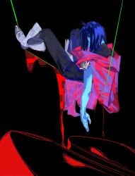 Rule 34 | 1other, abstract background, armor, black background, black bodysuit, blood, blue hair, blue skin, bodysuit, bodysuit under clothes, cape, colored skin, deltarune, facing away, full body, greaves, highres, kris (dark world) (deltarune), kris (deltarune), moyi7239, other focus, pink cape, short hair, solo