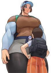 Rule 34 | 1boy, 1girl, absurdres, age difference, arms at sides, backpack, bag, baseball cap, blue eyes, breasts, brown hair, creatures (company), eyewear on head, game freak, hands on own hips, hat, height difference, highres, hiker (pokemon), large breasts, light smile, long sleeves, musctonk, muscular, muscular female, naranja academy school uniform, nintendo, pantyhose, pokemon, pokemon sv, ponytail, school uniform, shirt, short hair, short sleeves, shorts, size difference, tall female, very short hair