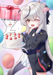 1girl :d absurdres animal_ears balloon birthday birthday_cake black_dress black_hair black_jacket blue_archive blue_halo box breasts brown_eyes cake cat_ears cat_girl china_dress chinese_clothes cleavage_cutout clothing_cutout diamond_cutout doodle_sensei_(blue_archive) dress food gift gift_box gnoet grey_hair halo happy_birthday highres holding holding_plate jacket kokona_(blue_archive) long_hair looking_at_viewer multicolored_hair one_eye_closed open_mouth pelvic_curtain pinstripe_dress pinstripe_jacket pinstripe_pattern plate sensei_(blue_archive) small_breasts smile solo_focus streaked_hair striped_clothes striped_dress striped_jacket two-tone_hair vertical-striped_clothes vertical-striped_dress vertical-striped_jacket