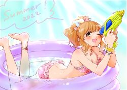 1girl :3 absurdres arched_back ass barefoot bikini blush bow breasts brown_eyes brown_hair cherry_print cleavage diagonal-striped_bow english_text food_print fruit_print hair_bow highres hogehogemoji06 holding holding_water_gun idolmaster idolmaster_cinderella_girls lying moroboshi_kirari on_stomach one_eye_closed open_mouth pink_bikini ponytail print_bikini smile solo speech_bubble star_(symbol) star_print swimsuit two-tone_bow wading_pool water_gun