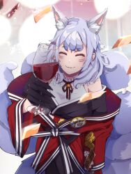 1girl alcohol animal_ear_fluff animal_ears bell black_gloves closed_eyes confetti cup dress drink drinking_glass facial_mark fox_ears fox_tail gloves highres holding holding_drink japanese_clothes jingle_bell kimono long_hair mole mole_under_eye motion_blur multiple_tails na2co3_verano nijisanji nijisanji_en nina_kosaka nina_kosaka_(1st_costume) off-shoulder_dress off_shoulder smile solo tail virtual_youtuber white_hair wine wine_glass
