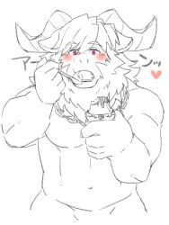 1boy abs animal_ears azazel_(housamo) bara blush commentary_request cup eating fangs food furry furry_male gegegenomin goat_boy goat_ears goat_horns heart holding holding_cup holding_spoon horns jewelry male_focus muscular muscular_male navel necklace open_mouth partially_colored pectorals pudding red_eyes spoon tokyo_houkago_summoners topless_male translation_request white_background