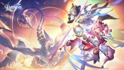 2girls animal_ear_fluff animal_ears aqua_eyes arm_ribbon armlet armor belt beret black_skirt blue_eyes blue_hair blue_ribbon brown_shoes cat_ears cat_girl cat_tail cipher_(honkai:_star_rail) clenched_hand closed_mouth coat dress drill_hair gradient_hair grey_belt hair_between_eyes hair_ornament hand_up hat highres holding holding_scepter honkai:_star_rail honkai_(series) hood hooded_coat hyacine_(honkai:_star_rail) jewelry leg_up long_hair long_sleeves looking_at_viewer multicolored_hair multiple_girls neck_ribbon official_art open_clothes open_coat open_mouth pantyhose pink_hair puffy_long_sleeves puffy_sleeves red_dress red_hat ribbon scepter shirt shoes short_hair shoulder_armor sidelocks skirt sparkling_eyes standing standing_on_one_leg tail twintails two-tone_dress white_dress white_pantyhose