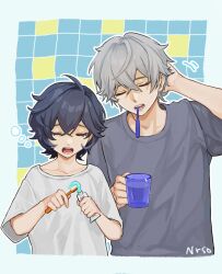 1boy 1girl belle_(zenless_zone_zero) black_shirt blue_hair brother_and_sister closed_eyes commentary crossed_bangs cup grey_hair hair_between_eyes holding holding_cup holding_toothbrush nrso24944 open_mouth shirt short_hair short_sleeves siblings symbol-only_commentary t-shirt toothbrush toothbrush_in_mouth toothpaste upper_body white_shirt wise_(zenless_zone_zero) zenless_zone_zero